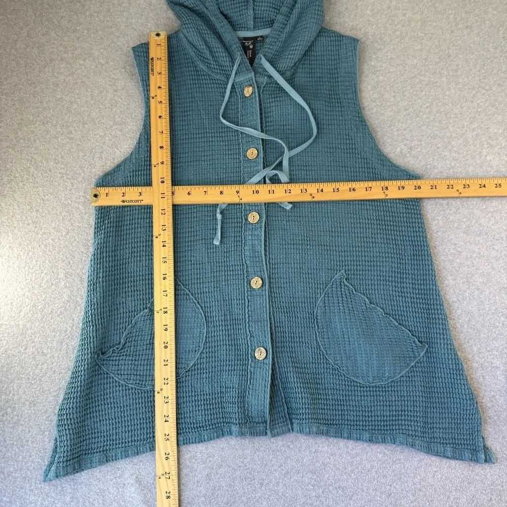 Focus Casual Life Vest Womens Large Aqua Blue Sleeveless Button Hooded Lagenlook